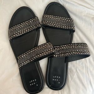 Black Rhinestone Flat Slides